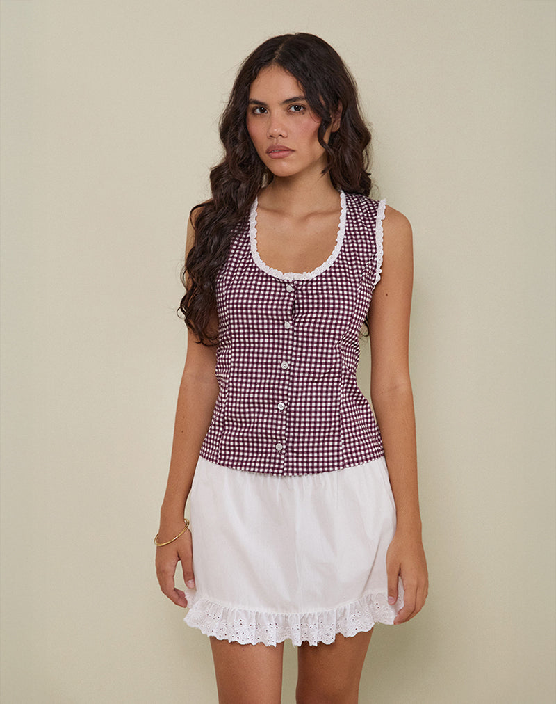 Blusa Gronita en Mini Gingham Vino con Encaje Blanco