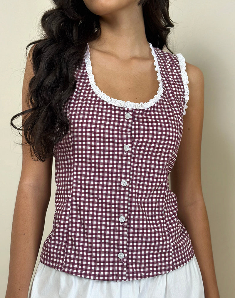 Imagen de Gronita Blusa en Mini Gingham Vino con Encaje Blanco
