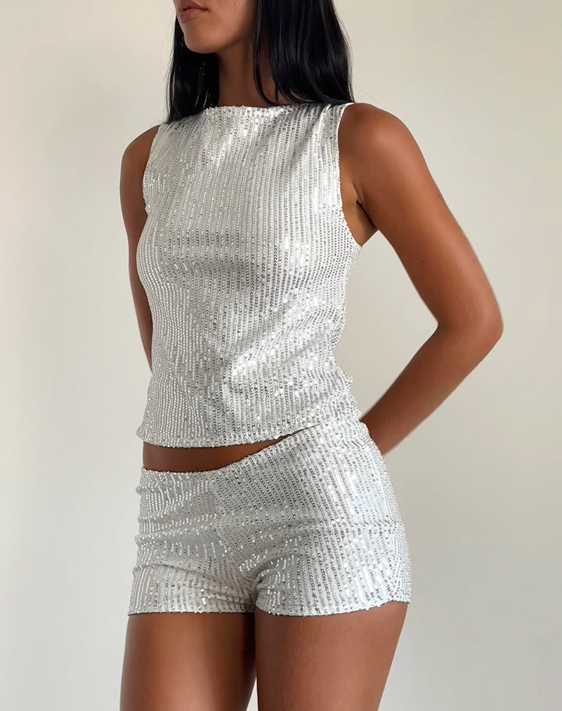 imagen de Hala Top en Cromo Plateado Drapeado Mini Lentejuelas
