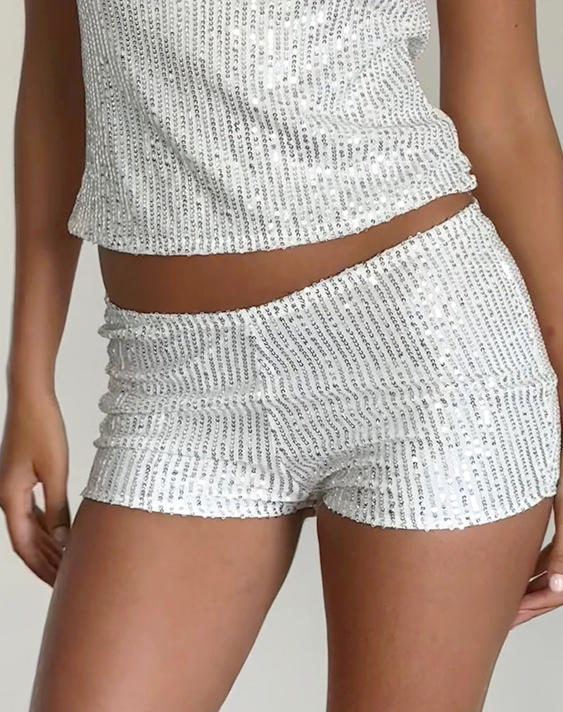 Imagen del pantalón corto Erna de lentejuelas plateadas cromadas