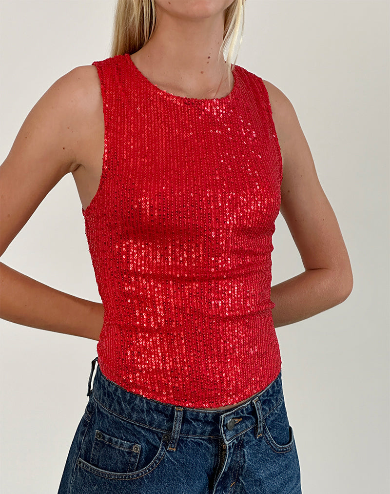 Top Hala en rojo drapeado mini lentejuelas