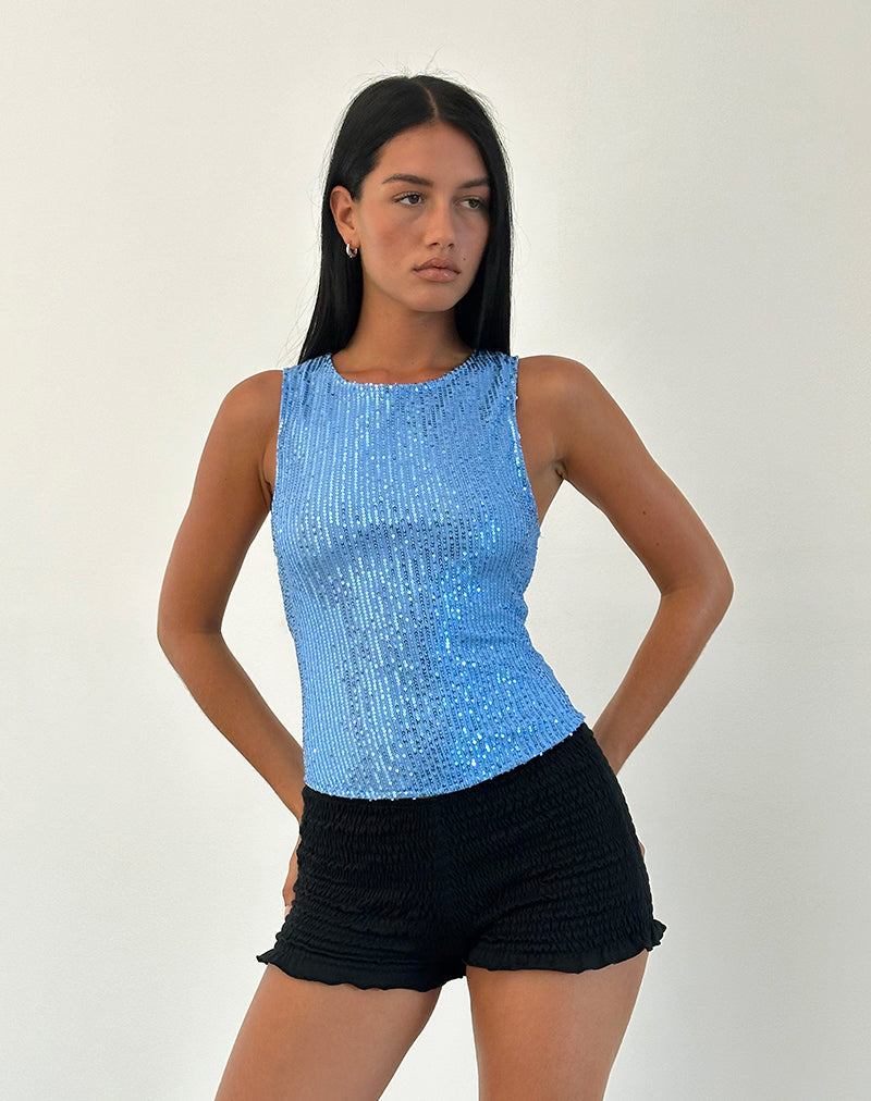 Top Hala en drapeado mini lentejuelas azul claro