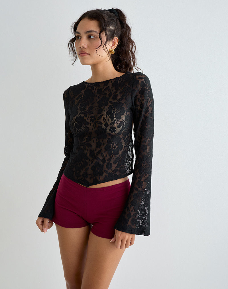 Imagen de Halfi Top de manga larga de encaje de crochet Hibiscus Negro
