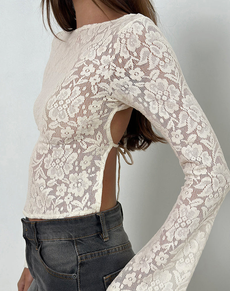 Top de manga larga Halfi en encaje de crochet hibisco marfil