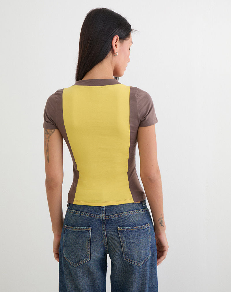 Imagen del top con cuello en V Haloda en combinación de color café con sol y cuarzo.