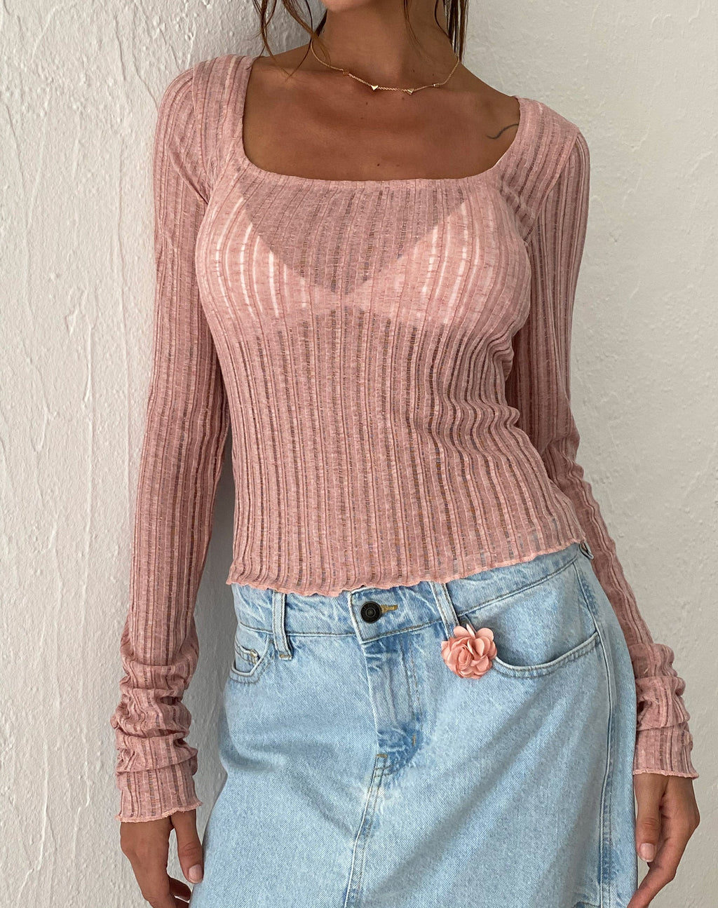 Halsey Top de Punto de Manga Extra Larga Rosa