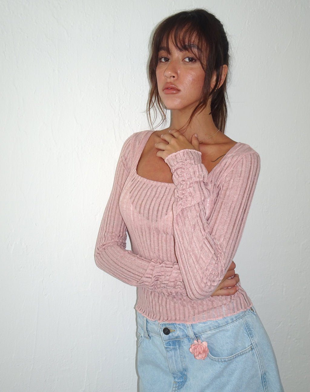 Halsey Top de Punto de Manga Extra Larga Rosa