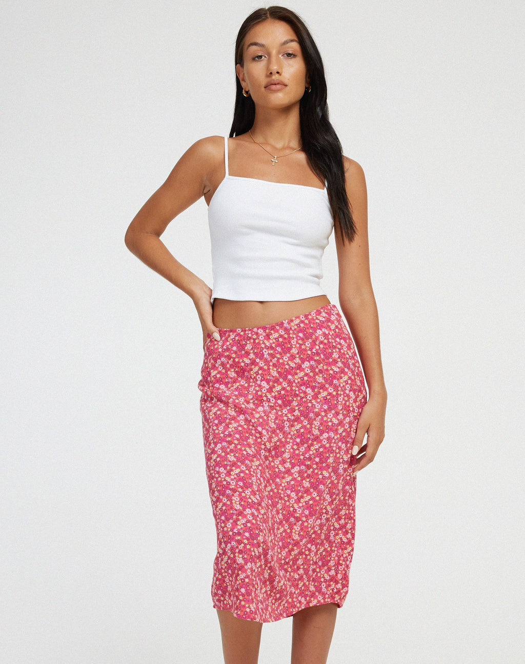 Harriet Falda Midi en Ditsy Floral Rosa