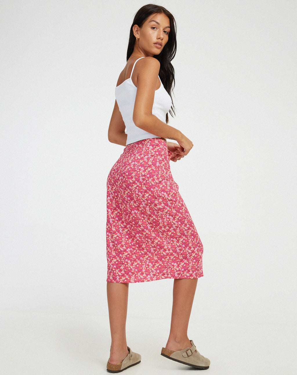 Harriet Falda Midi en Ditsy Floral Rosa