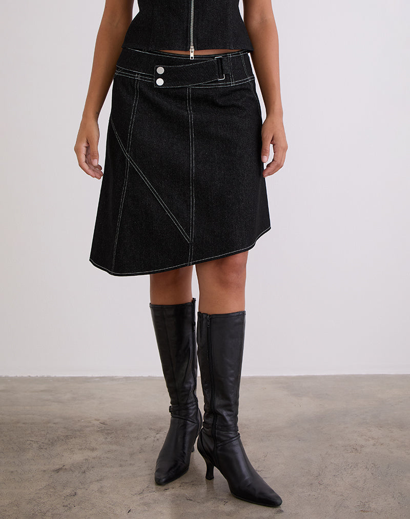 Hayashi Falda Midi Asimétrica en Denim Negro Lavado
