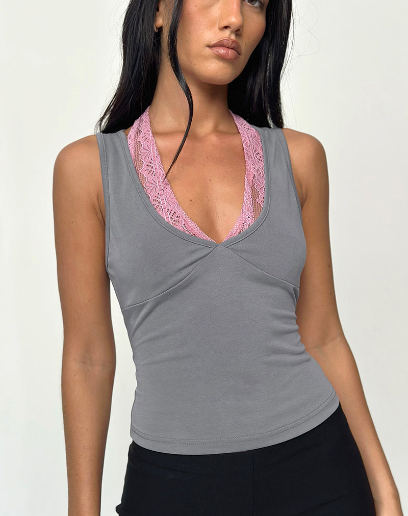 Top Helma de cuello redondo en gris con encaje rosa