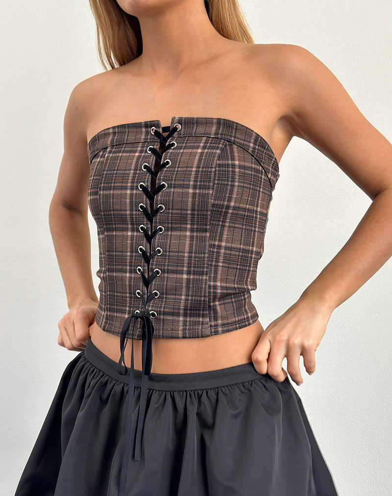 Imagen de Heska Lace Front Corset Top in Brown Check