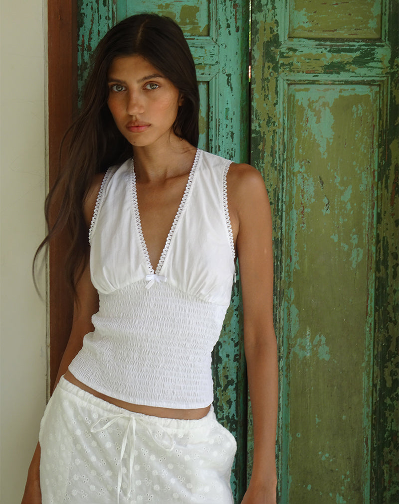 Hevalis Plunge Shirred Top de popelina blanca