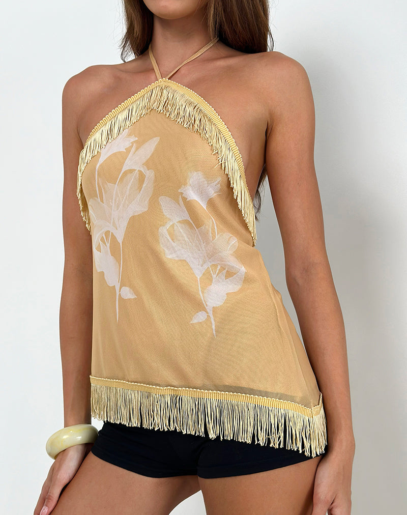 Top Howard Halter con Flecos en Flor Amarillo Blanco