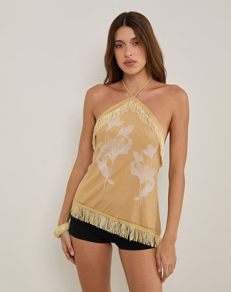 Top Howard Halter con Flecos en Flor Amarillo Blanco