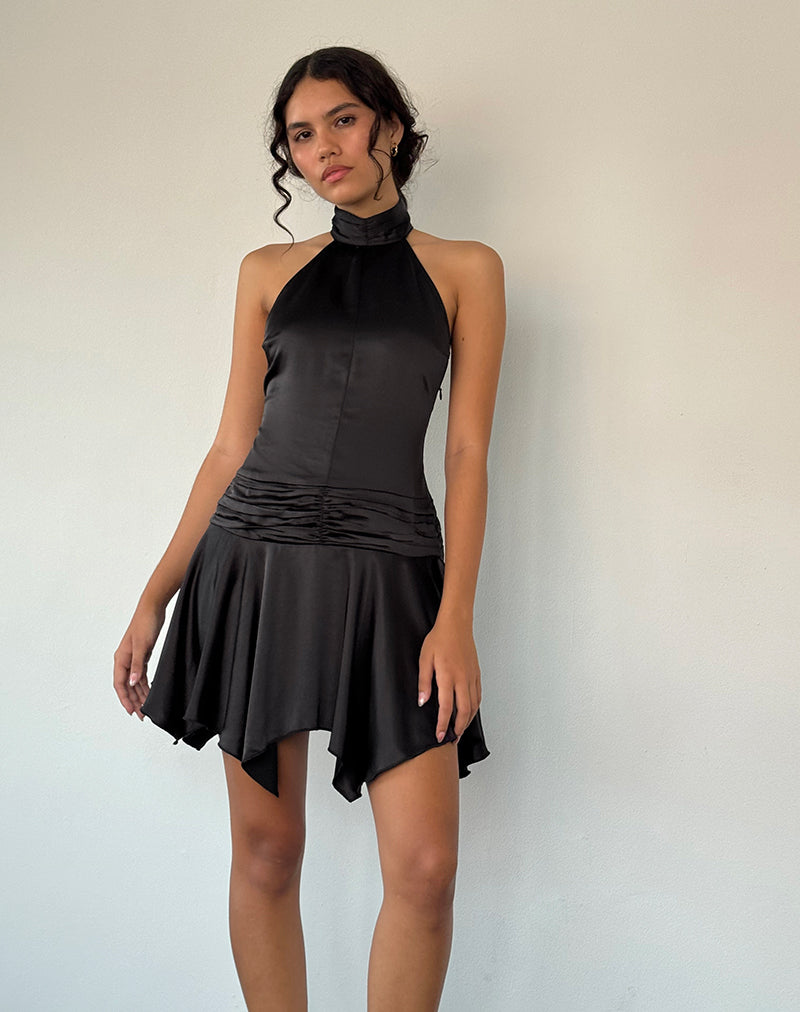 Imagen de Hydri Minivestido de satén con cuello redondo en negro
