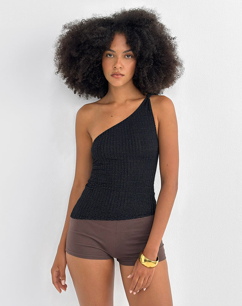 Idari Top de un hombro en Jersey de rayas metalizado Negro