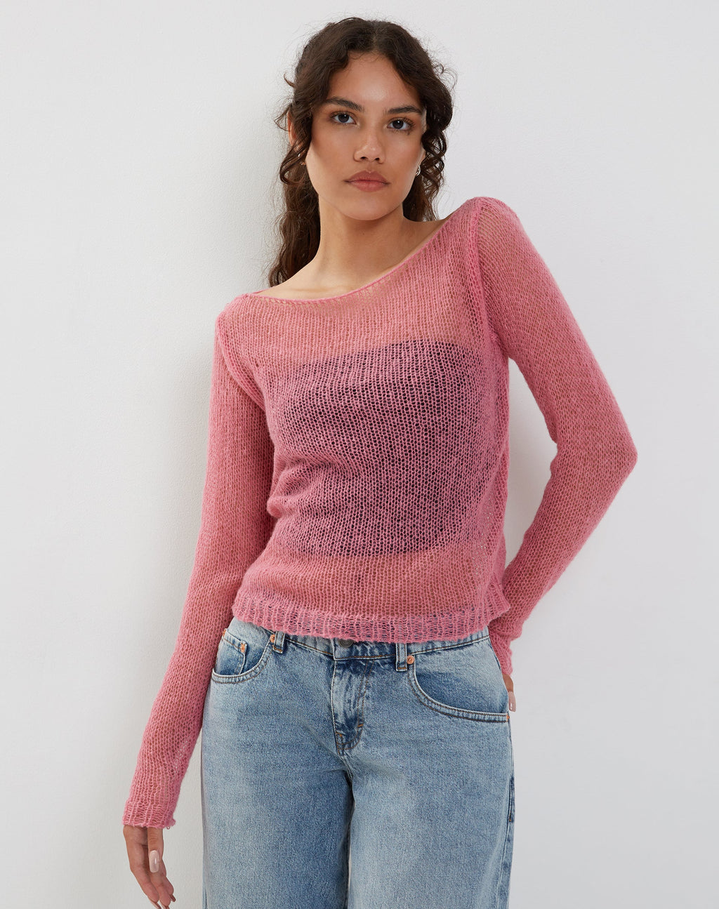 Imelda Top de punto fino abierto de manga larga en rosa