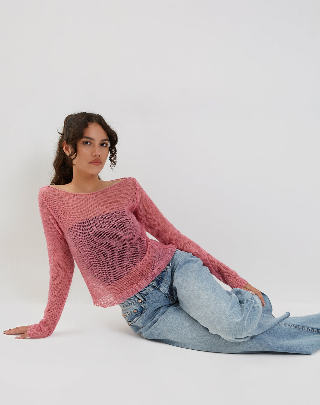 Imelda Top de punto fino abierto de manga larga en rosa