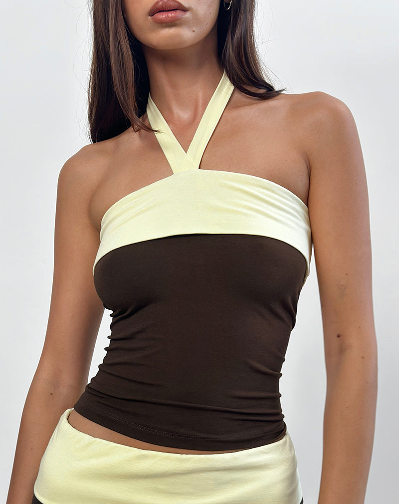 Imagen de Inrida Top Cuello Haltern en Marrón Chocolate y Limón