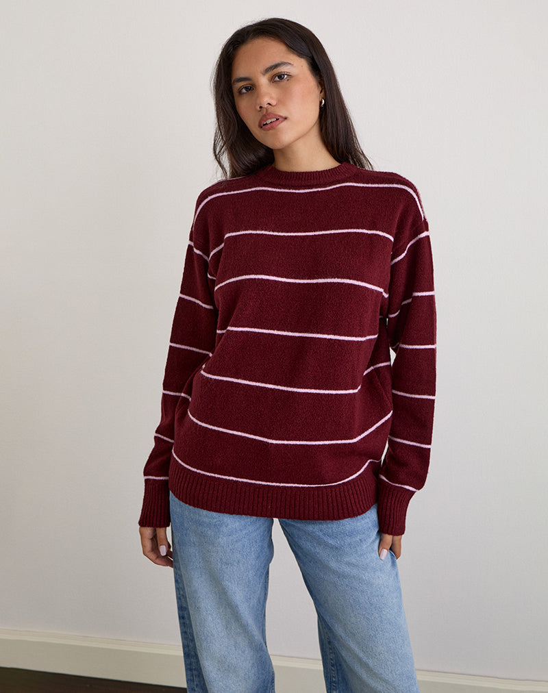 Jersey de punto Ishari en burdeos con raya rosa