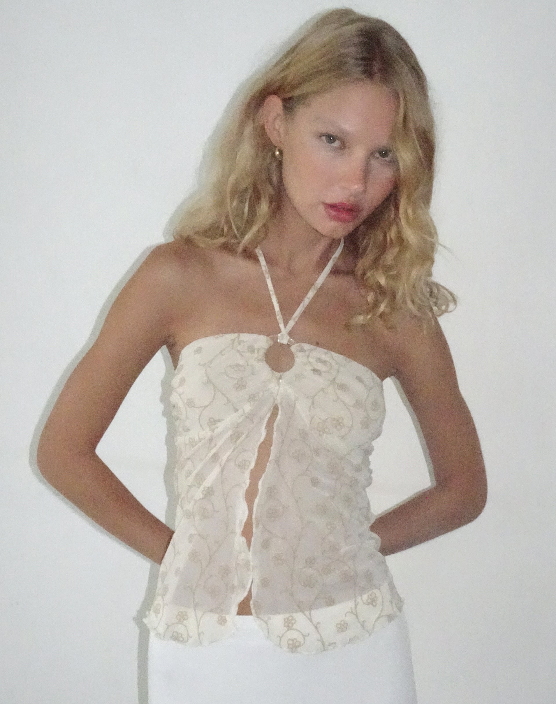 Imagen de Janar Top Cuello Haltern en Flock Floral Beige Dainty
