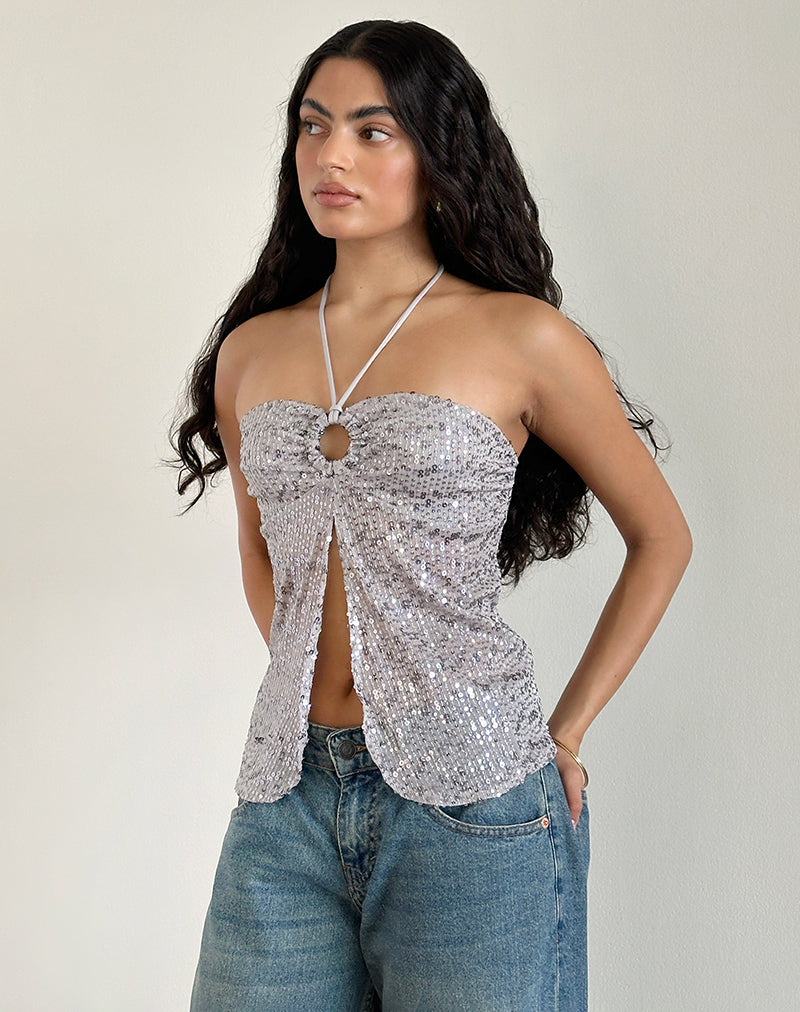 Imagen de Janar Top Cuello Haltern en Lentejuelas Plata