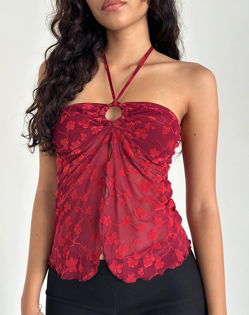 Imagen de Janar Top Cuello Haltern en Grunge Flower Flock Rojo