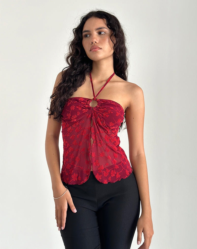Imagen de Janar Top Cuello Haltern en Grunge Flower Flock Rojo