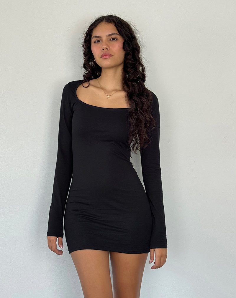Imagen de Janjisu Mini Vestido Bodycon de Lycra de Manga Larga en Negro