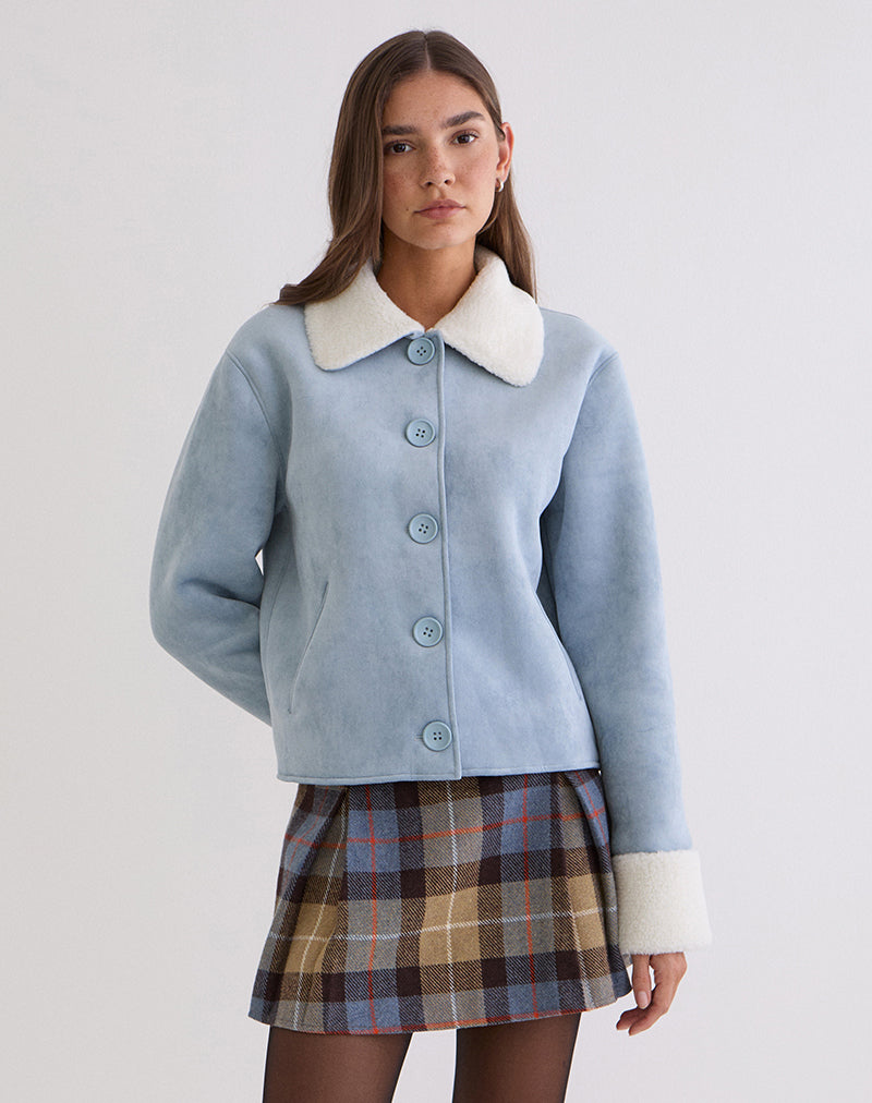 Image of Jano Jacket in Faux Suede Blue with Borg