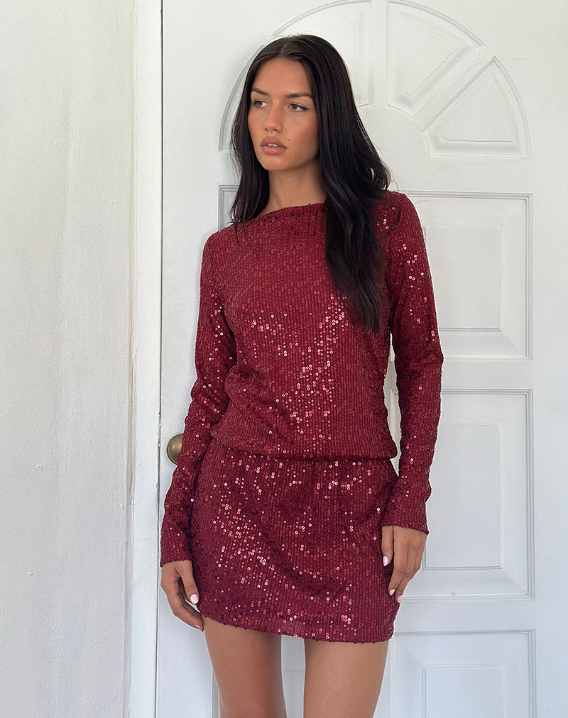 Imagen de Jasilia Mini Vestido de Manga Larga de Lentejuelas Rojo