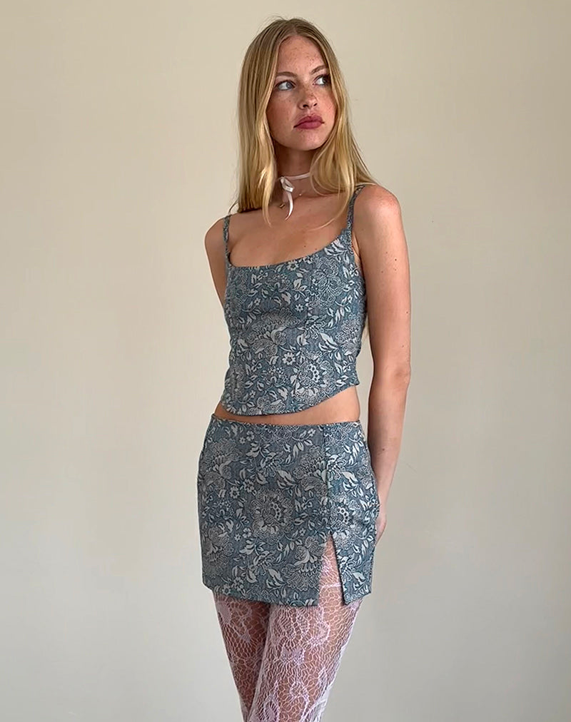 Imagen de la minifalda Pravara en estampado ornamentado azul
