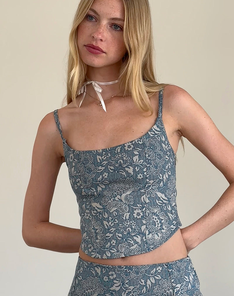 Top corsé Jatemi en estampado ornamentado azul