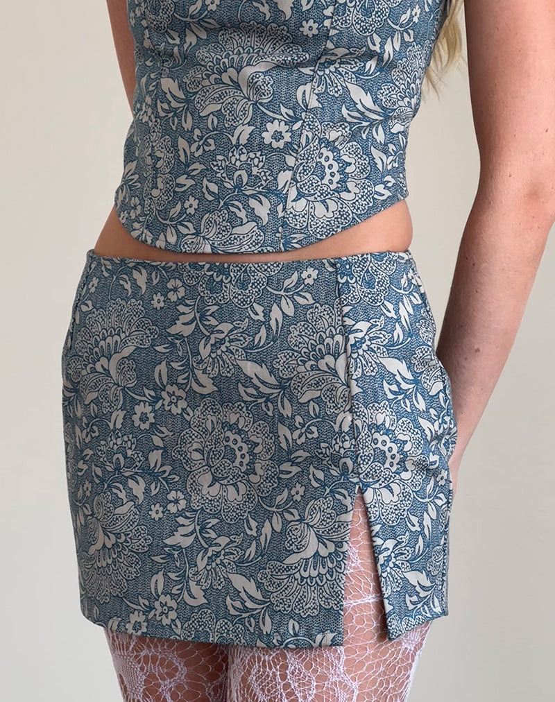 Minifalda Pravara en estampado ornamentado azul