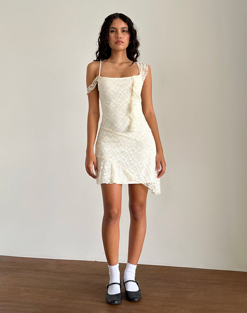 Imagen del minivestido Jati de encaje rosa canina blanco roto