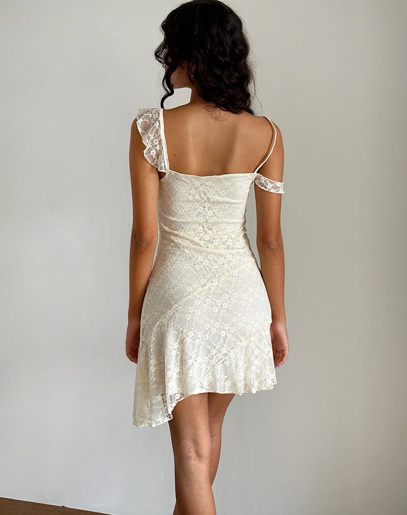 Imagen del minivestido Jati de encaje rosa canina blanco roto