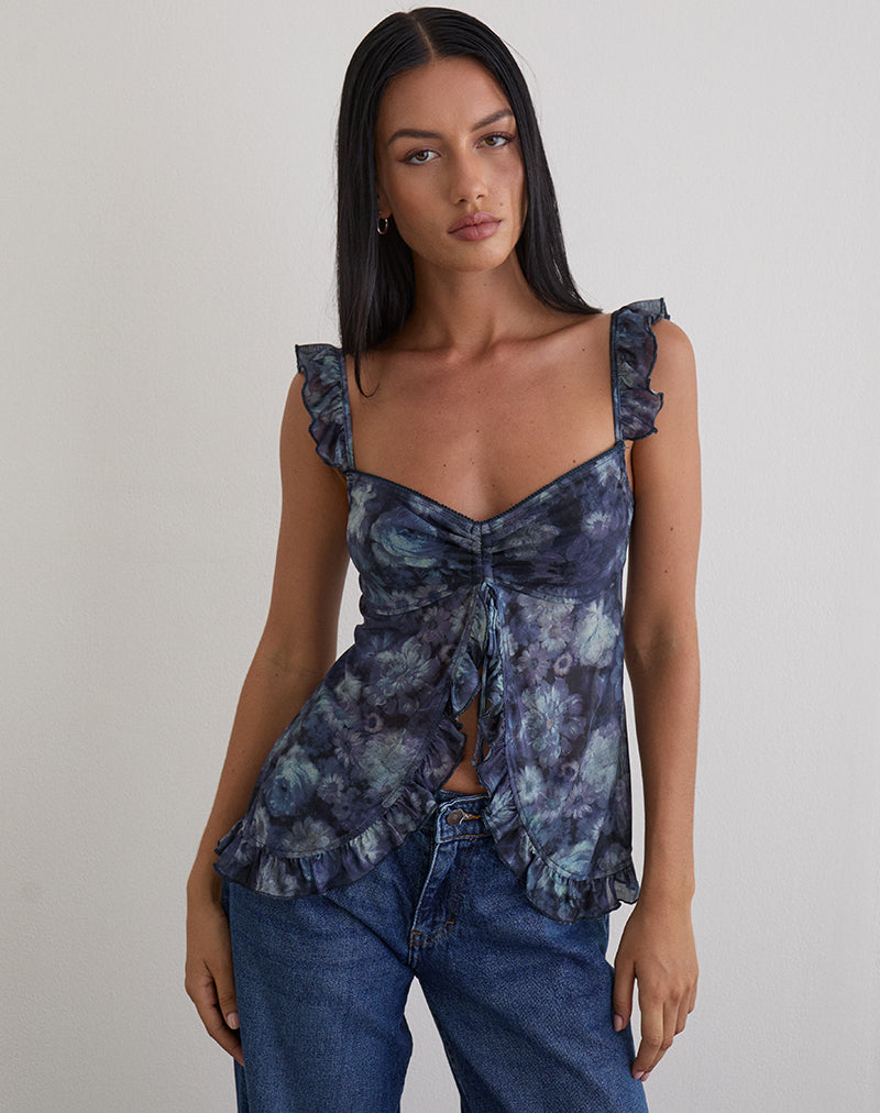 Jibola Top de Malla Arty Flores Azul Oscuro