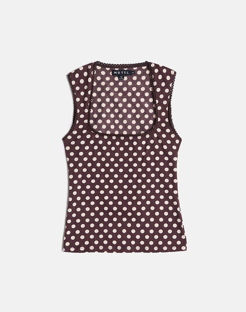 Top Jinalo Sweetheart Marrón con Pequeños Estampados de Lunares Crema