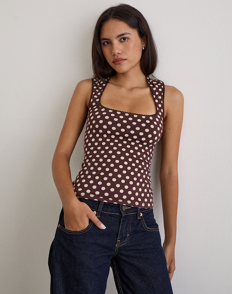 Imagen de Jinalo Sweetheart Top en Marrón con Pequeños Estampados de Polka Crema