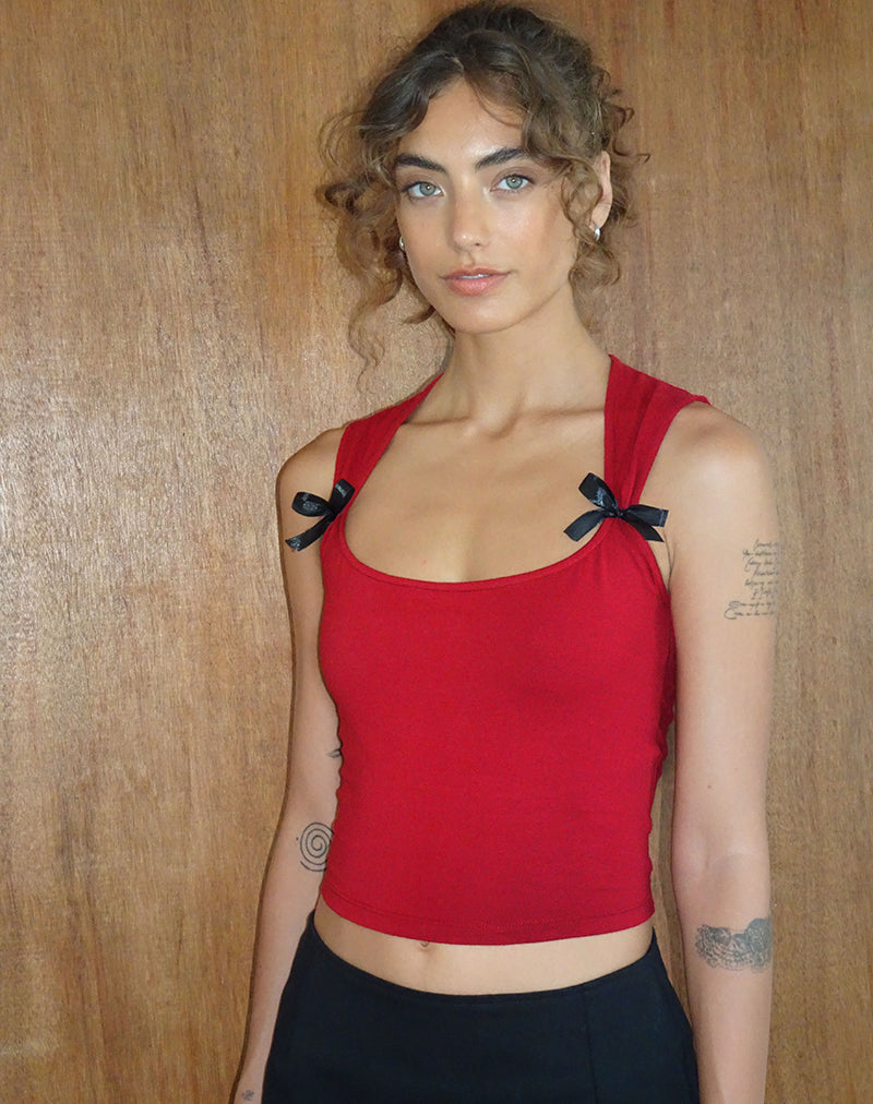 Imagen de Jiniso Crop Top en Rojo Adrenalina con Lazos Negros