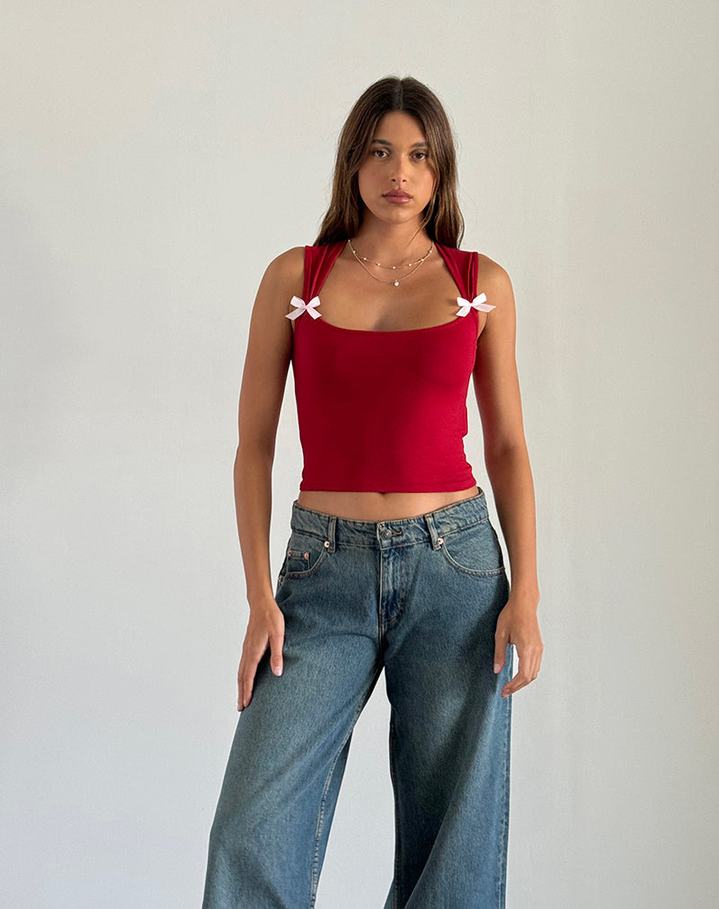 Imagen de Jiniso Crop Top en Rojo Adrenalina con Lazos Rosas