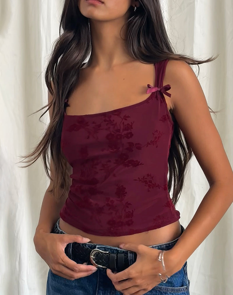 Jiniso Vest Top en Botanical Flower Flock Granate