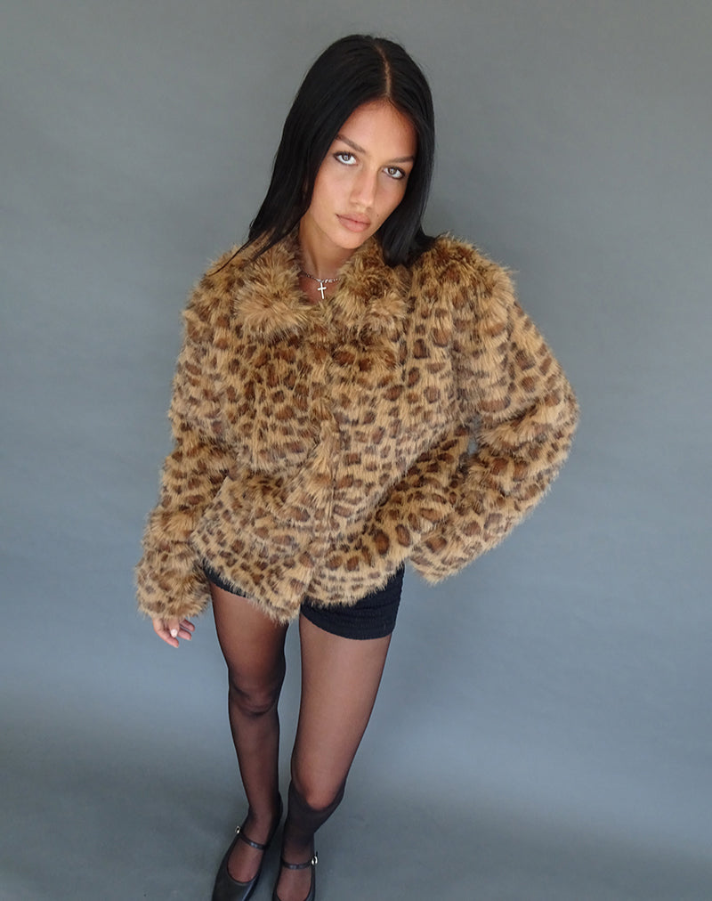 Chaqueta de piel sintética Joji Crop en leopardo marrón