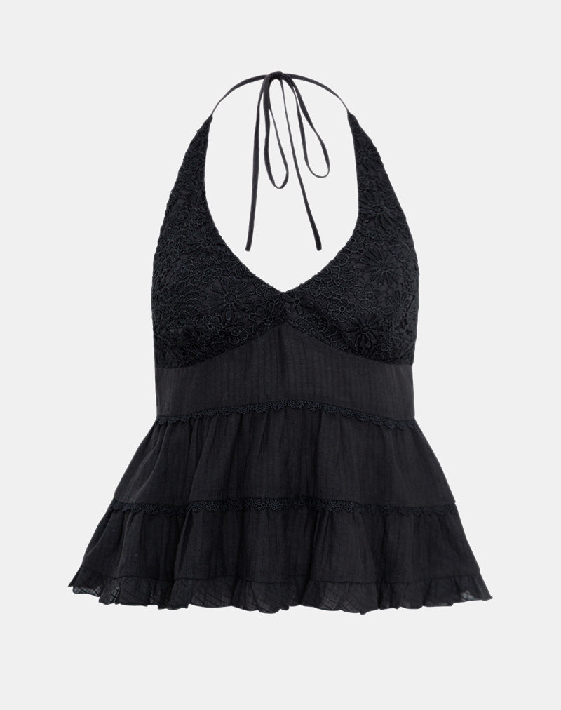 Top Juanita con volante y cuello halter en negro