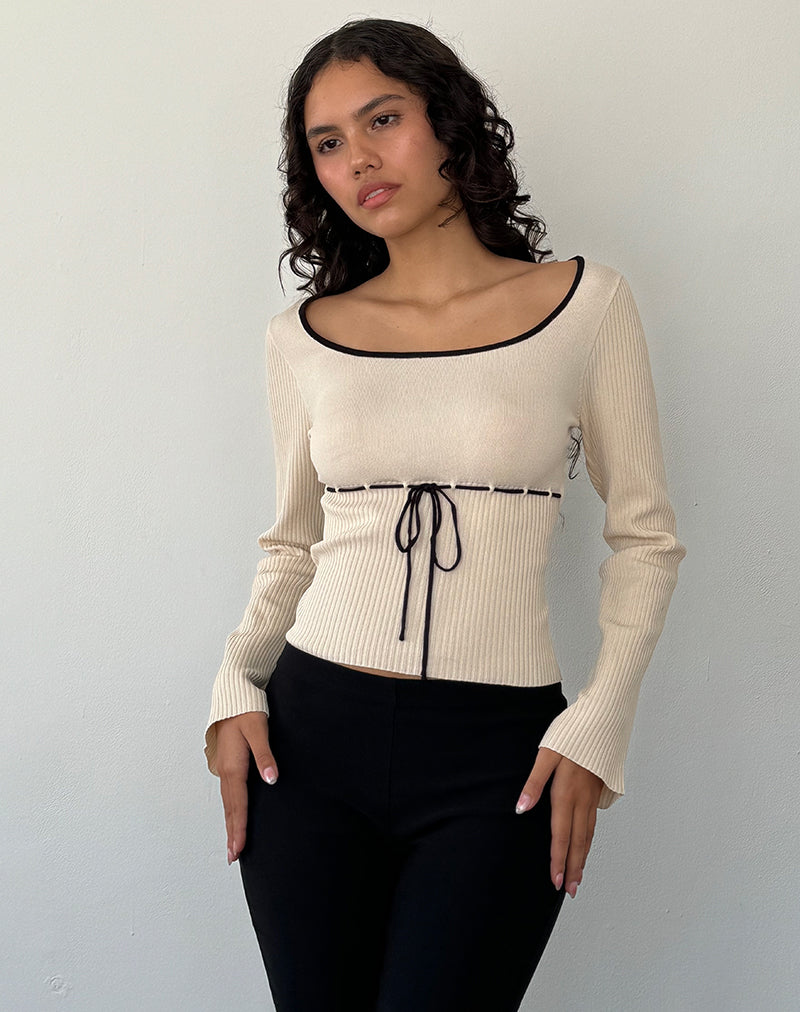 Juhye Top de Punto de Manga Larga en Beige con Ribetes Negros