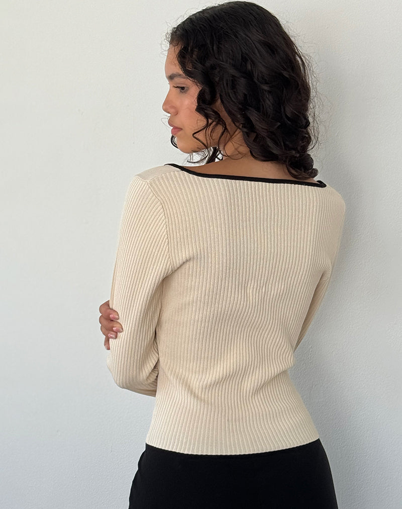 Imagen de Juhye Top de punto de manga larga en beige con ribete negro