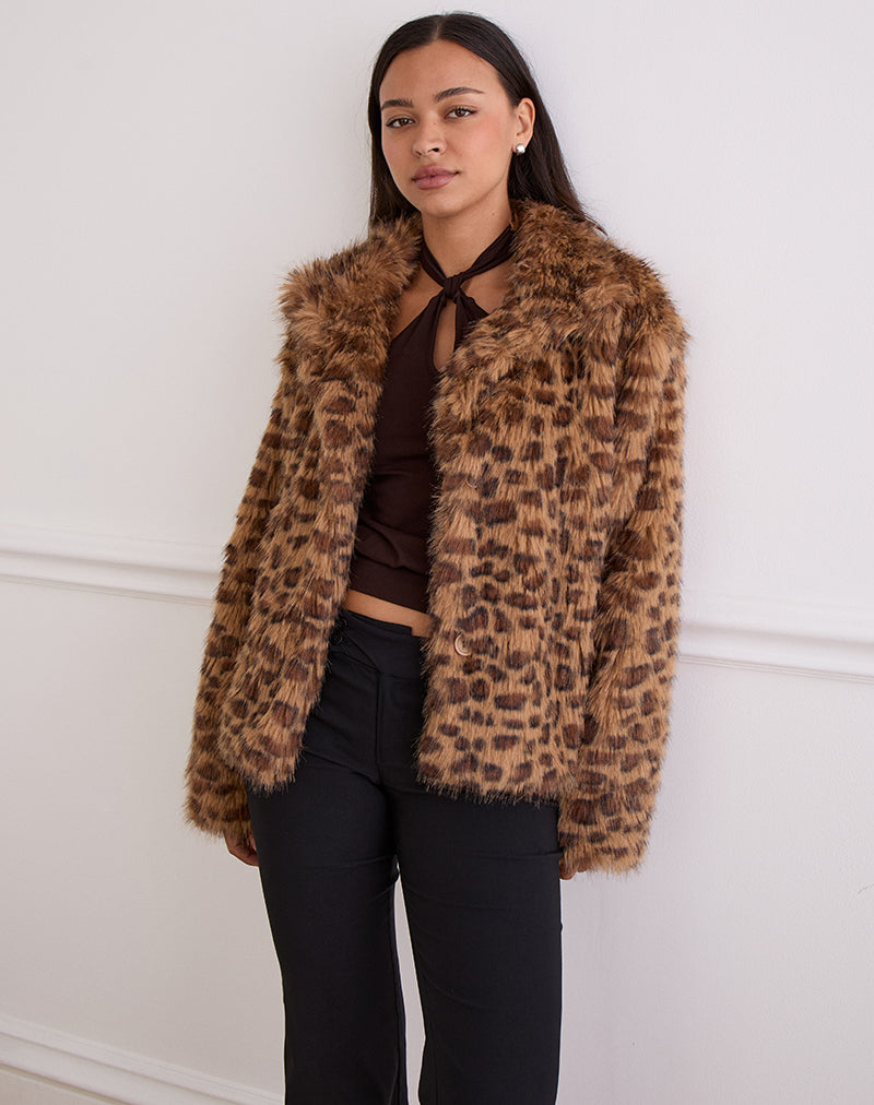 Chaqueta de piel sintética Joji Crop en leopardo marrón
