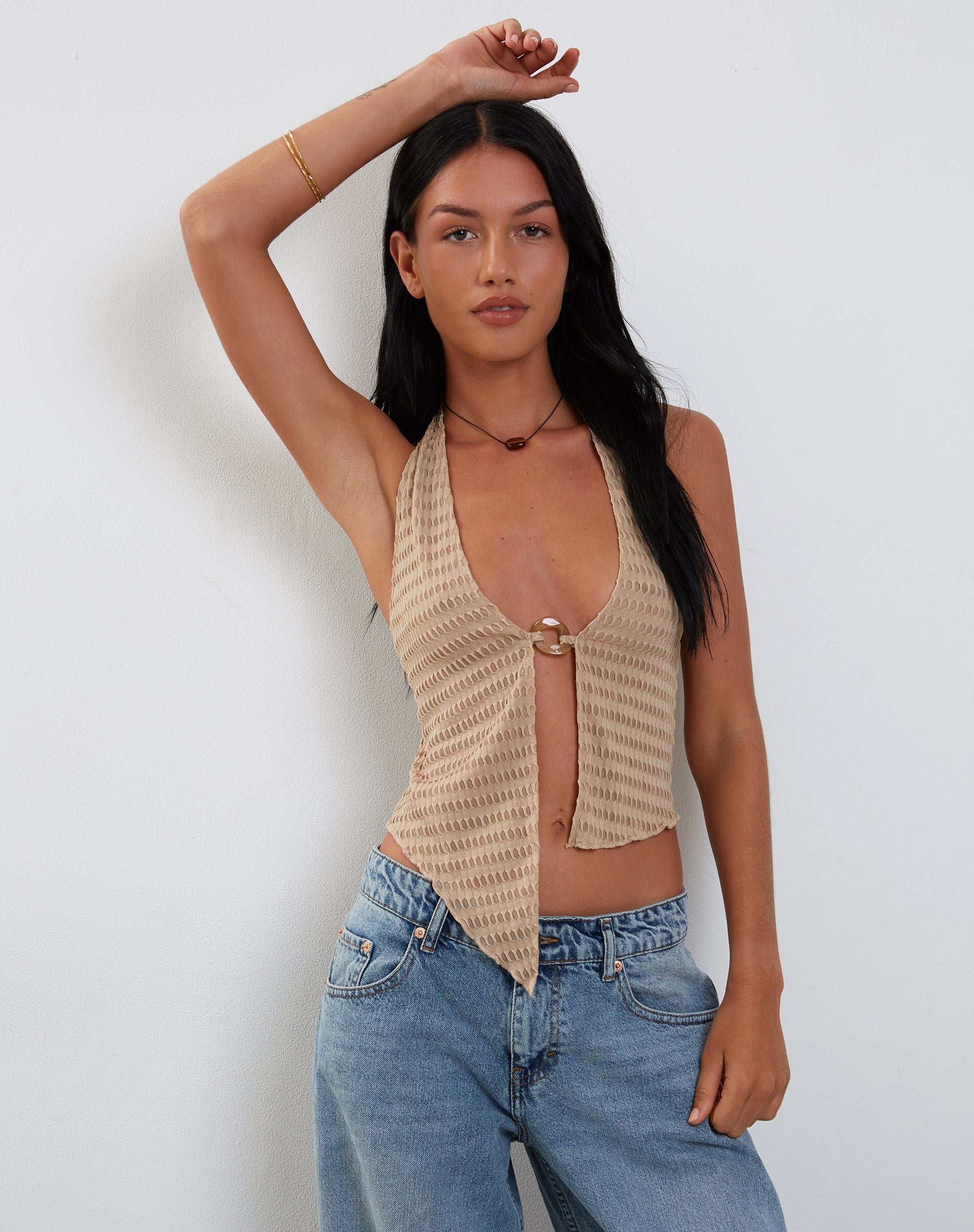 Imagen de Kacie Waffle Knit Halterneck Butterfly Top en Avena