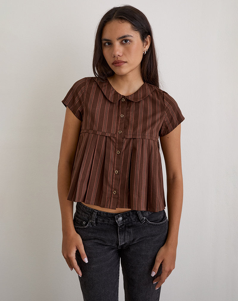 Blusa plisada Kaelis de rayas marrón